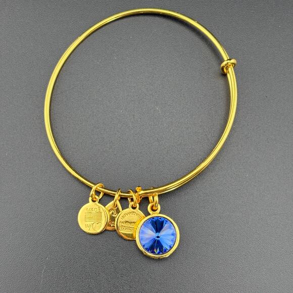 Alex & Ani Gold Tone Blue Rivoli Rhinestone Charm Bracelet - Picture 1 of 3